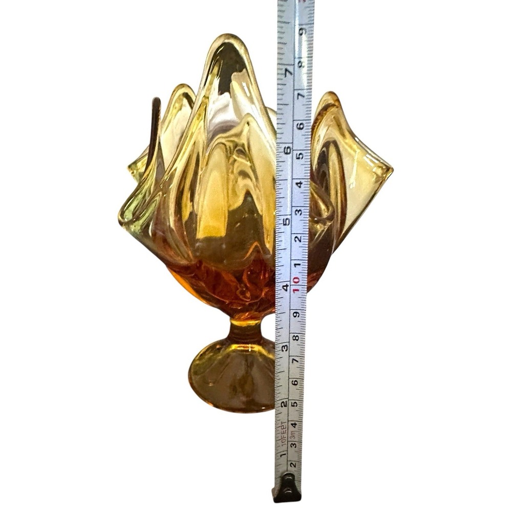 Viking Amber Art Glass Handkerchief Vase Six Petal Pedestal Mid Century 7.75" T - Picture 11 of 12